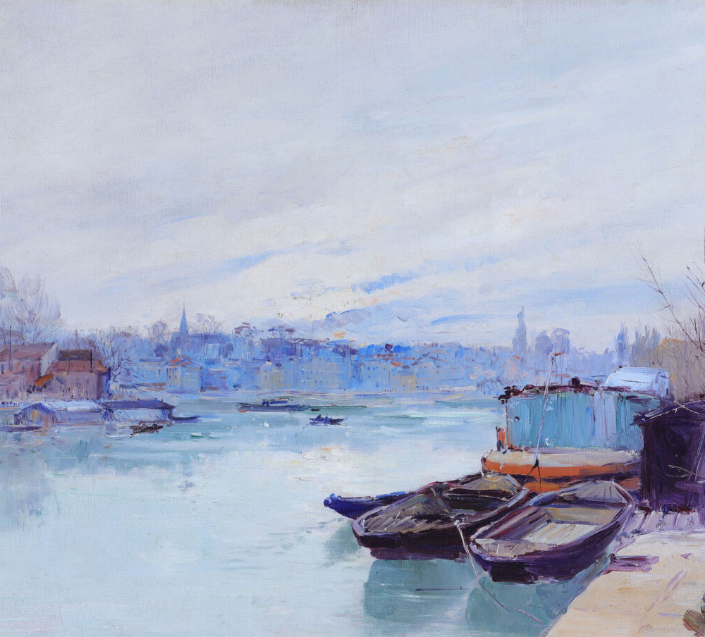 buy European impressionist art online Boats moored on a Rivers Edge Gustave Madelaine painting